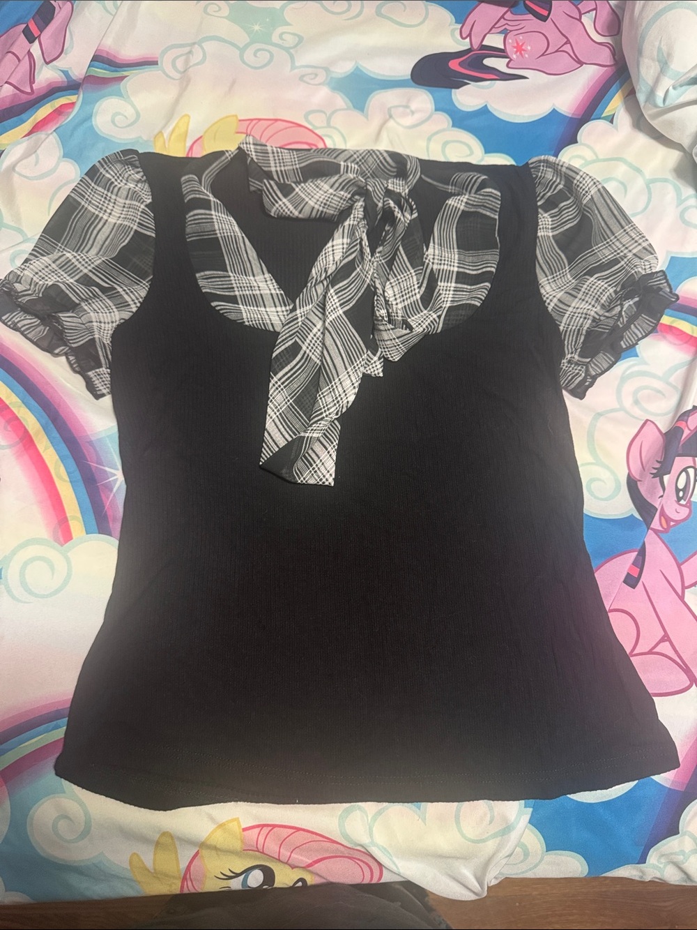 Black Top with Plaid Puff Sleeves and Tie Neck